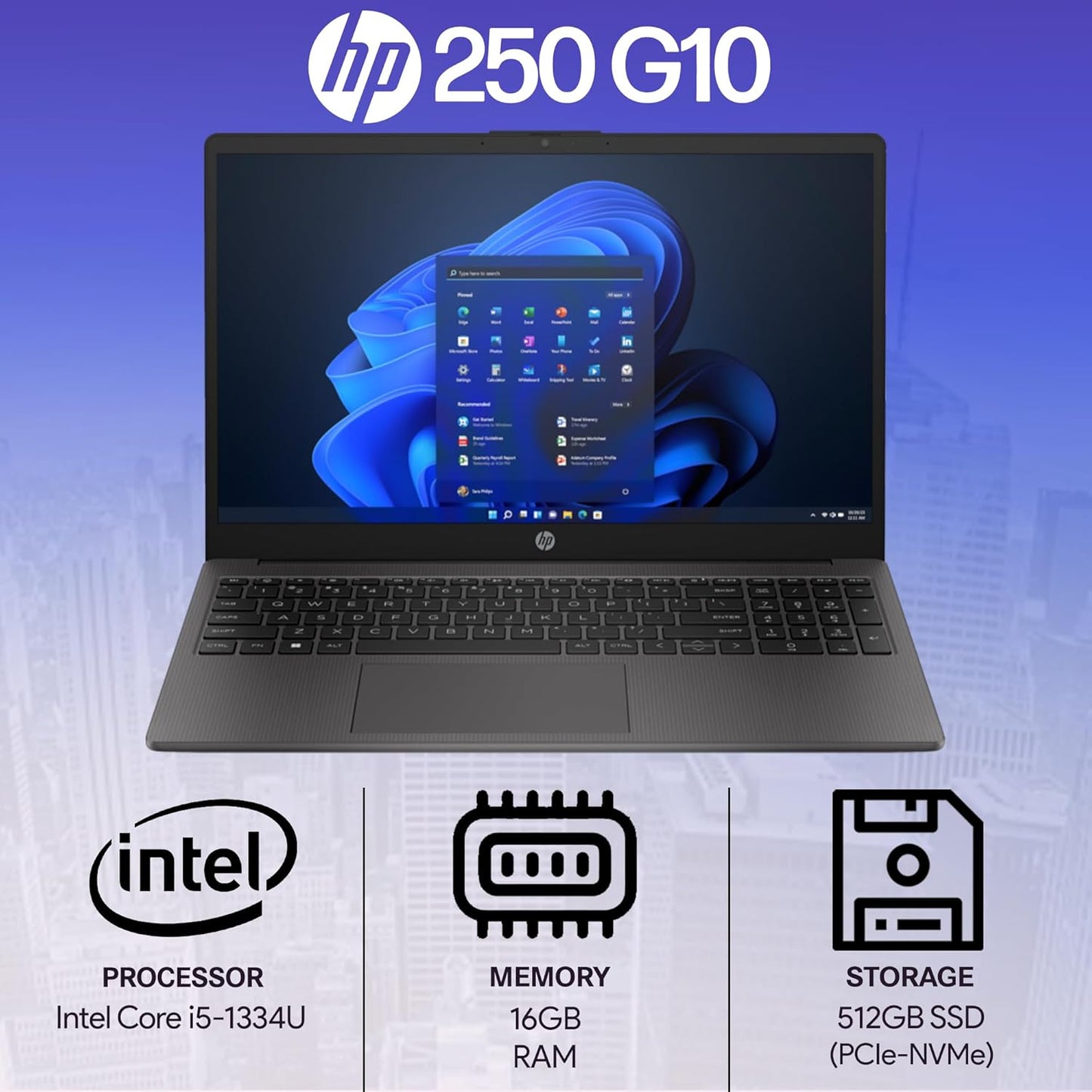 HP 250 255 G10 Business Laptop 16GB RAM, 512GB PCIe SSD for Home, Student, Webcam, Numeric Keypad, Windows 11 Pro