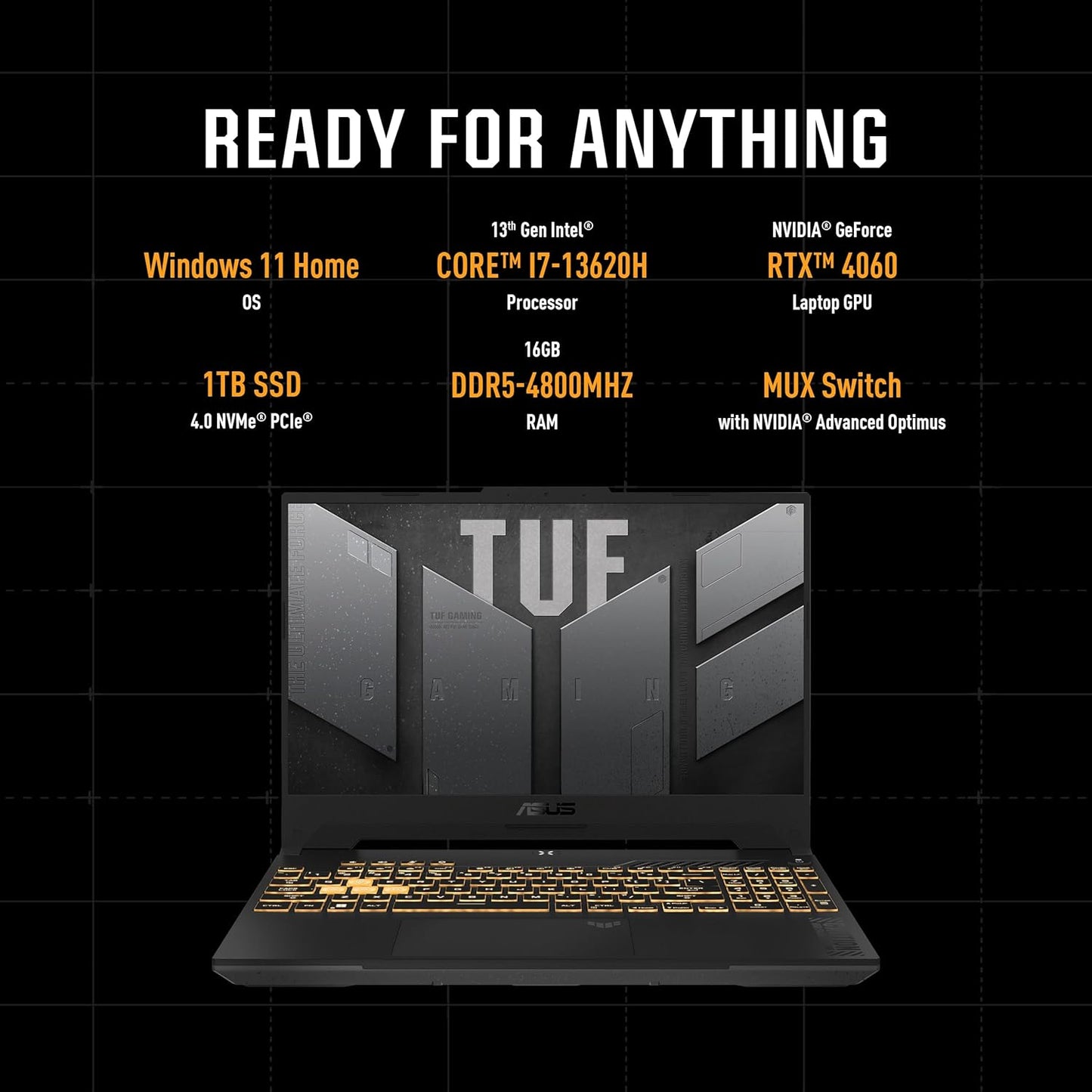 ASUS TUF F15 FX507VV-I7161G (Jaeger Gray), Gaming Laptop i7-13620H 16GB 1TB PCIE G3 SSD,